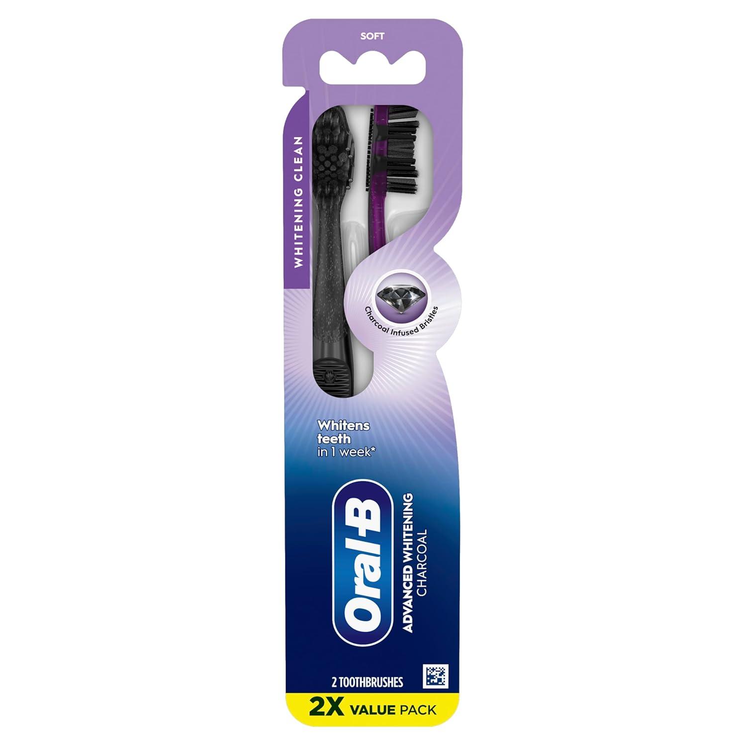 image:imageOralB 3D White Charcoal toothbrush 2 count MEDIUM manual tootbrush pack Whitens teeth removes plaque and stains tongue scraper tooth brush1 Count Pack of 2