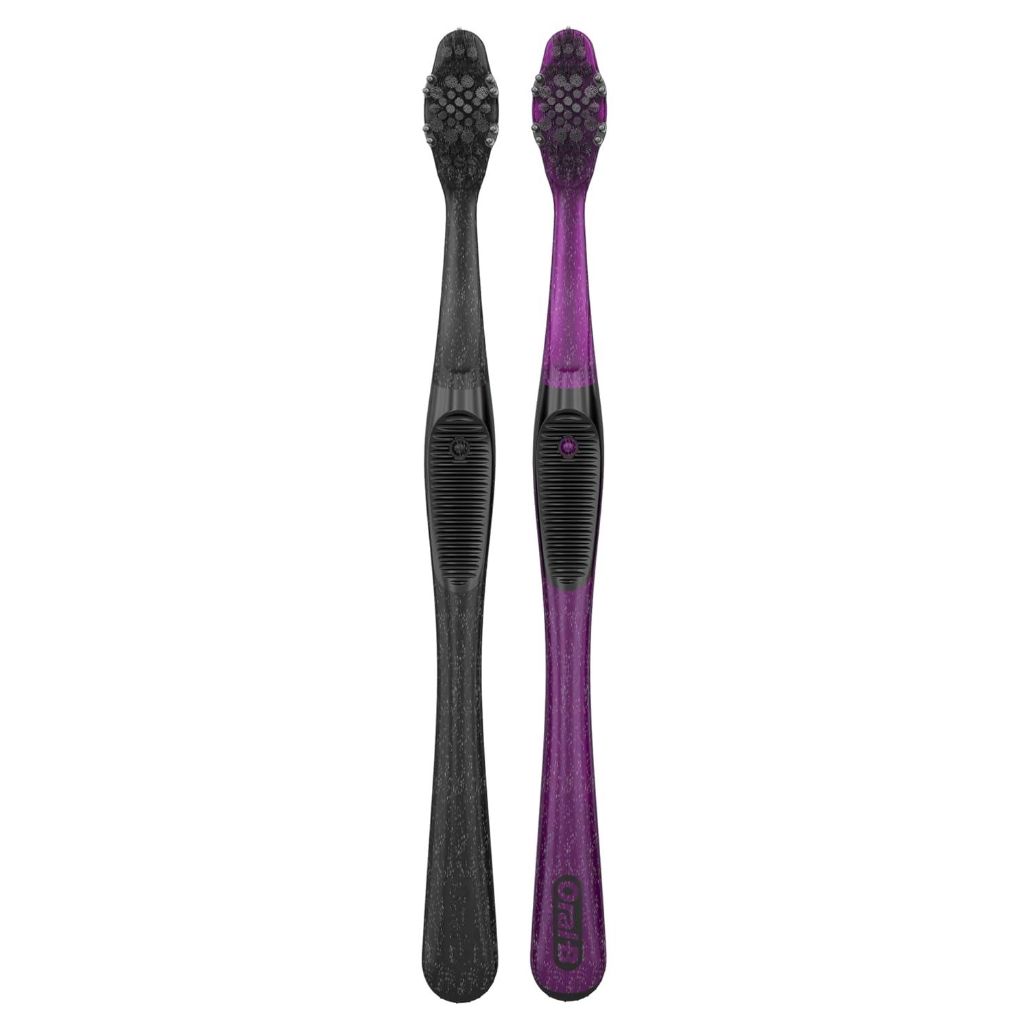 image:imageOralB 3D White Charcoal toothbrush 2 count MEDIUM manual tootbrush pack Whitens teeth removes plaque and stains tongue scraper tooth brush1 Count Pack of 2