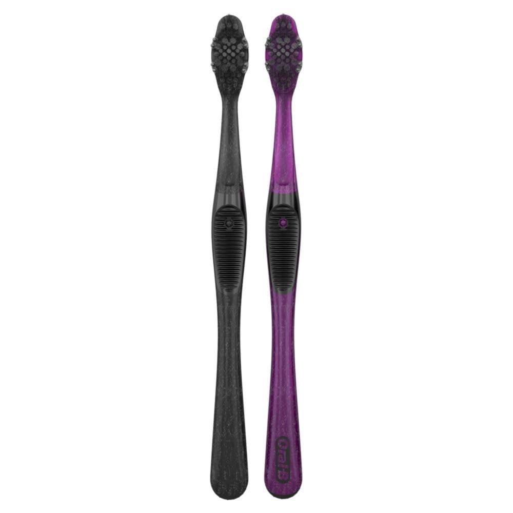 image:imageOralB 3D White Charcoal toothbrush 2 count MEDIUM manual tootbrush pack Whitens teeth removes plaque and stains tongue scraper tooth brush2 Count Pack of 1