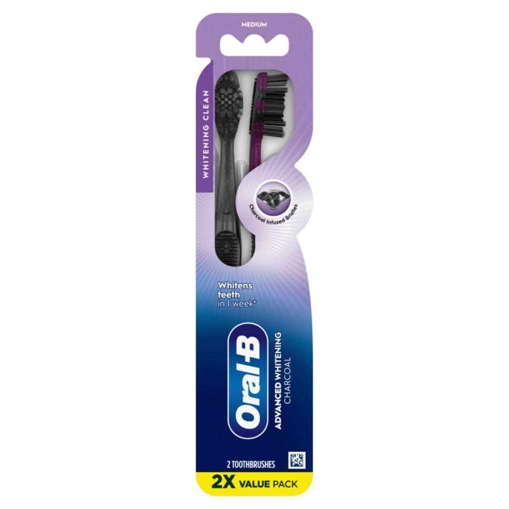 image:imageOralB 3D White Charcoal toothbrush 2 count MEDIUM manual tootbrush pack Whitens teeth removes plaque and stains tongue scraper tooth brush2 Count Pack of 1