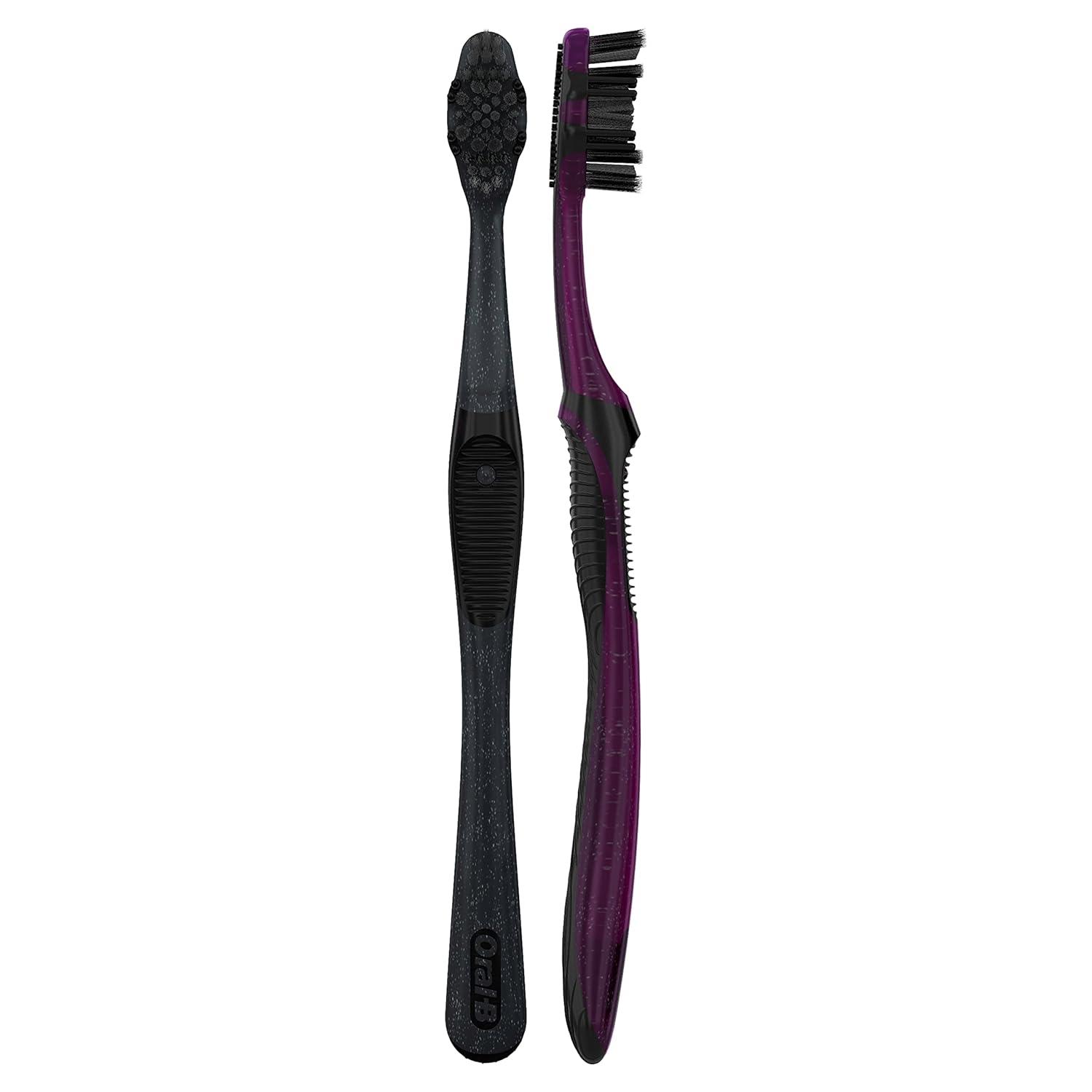 image:imageOralB 3D White Charcoal toothbrush 2 count MEDIUM manual tootbrush pack Whitens teeth removes plaque and stains tongue scraper tooth brush2 Count Pack of 2