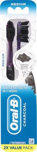 image:imageOralB 3D White Charcoal toothbrush 2 count MEDIUM manual tootbrush pack Whitens teeth removes plaque and stains tongue scraper tooth brush2 Count Pack of 2