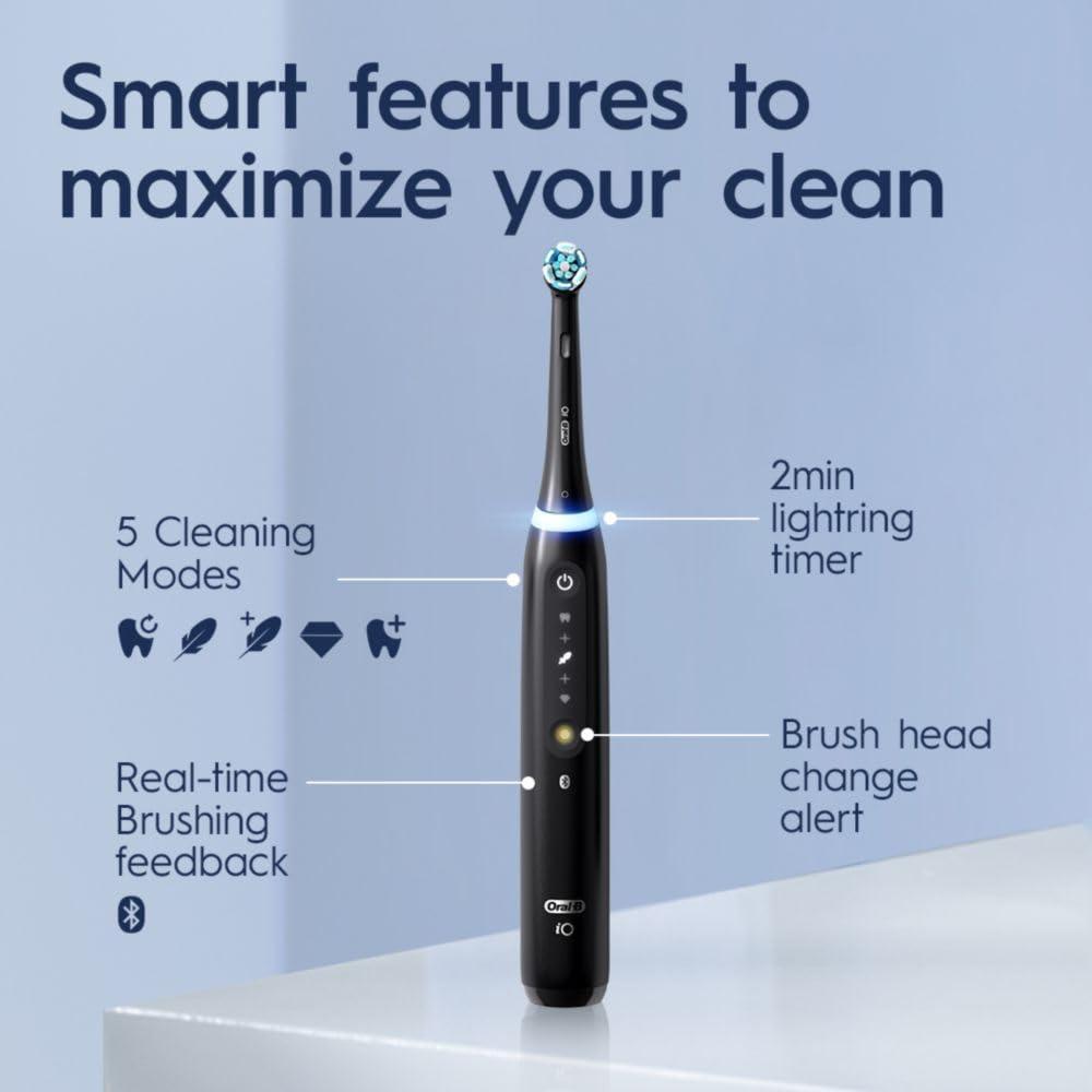image:imageOralB iO Deep Clean Whiten Rechargeable Electric Toothbrush with Visible Pressure Sensor 2 Minute Timer 5 Cleaning Settings 1 iO5 Limited 3 Toothbrush Heads Travel Case amp Refill Holder WhiteBlack