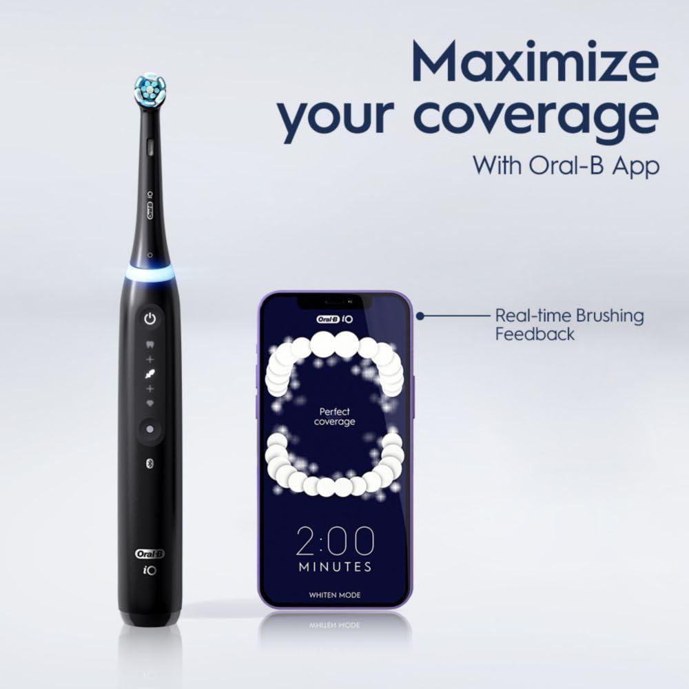image:imageOralB iO Deep Clean Whiten Rechargeable Electric Toothbrush with Visible Pressure Sensor 2 Minute Timer 5 Cleaning Settings 1 iO5 Limited 3 Toothbrush Heads Travel Case amp Refill Holder WhiteBlack