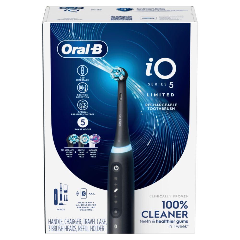image:imageOralB iO Deep Clean Whiten Rechargeable Electric Toothbrush with Visible Pressure Sensor 2 Minute Timer 5 Cleaning Settings 1 iO5 Limited 3 Toothbrush Heads Travel Case amp Refill Holder WhiteBlack
