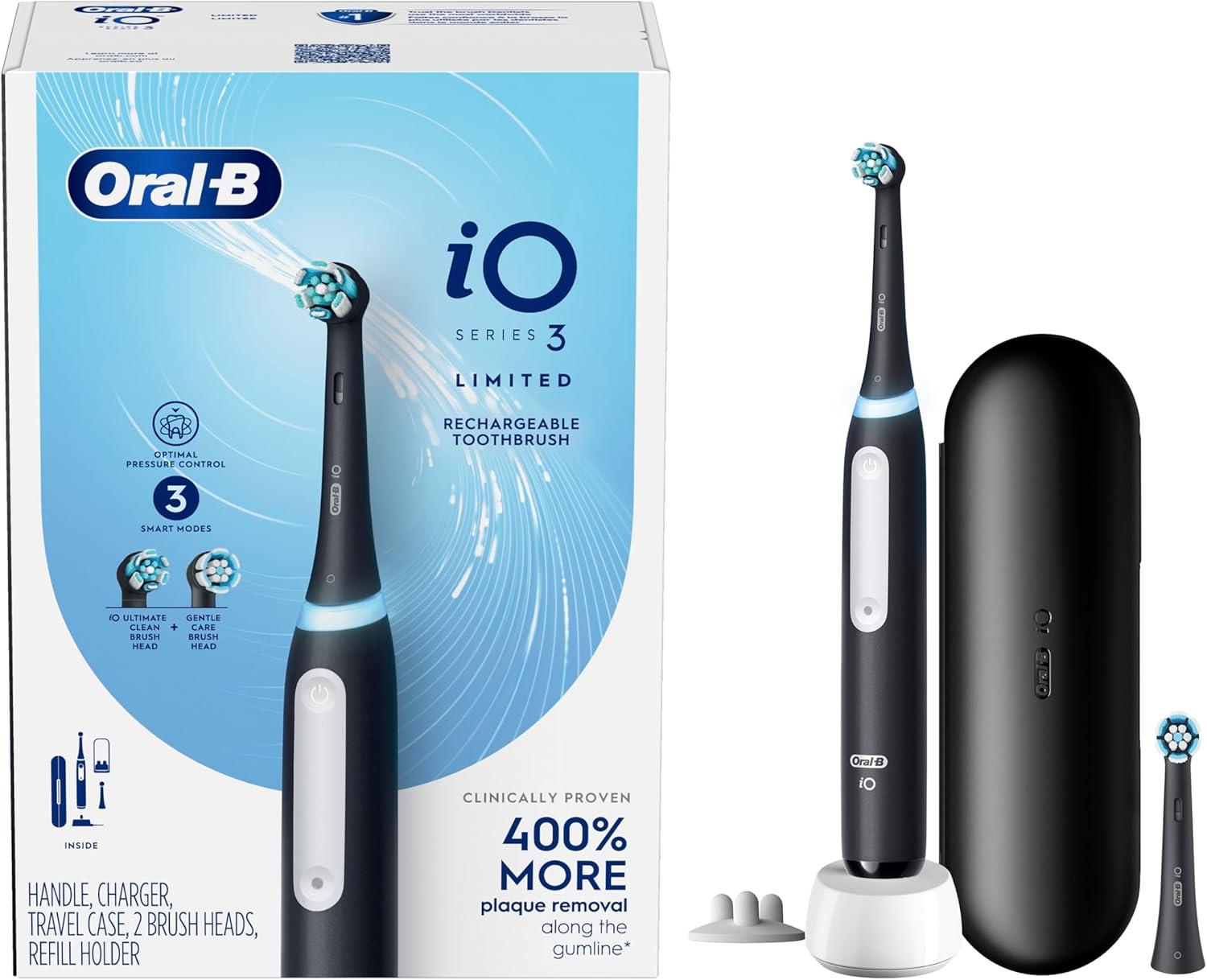 image:imageOralB iO Deep Clean Rechargeable Electric Toothbrush Black iO Series 3 Limited 2 Brush Heads Travel Case Pressure Sensor 3 Cleaning SettingsBlack