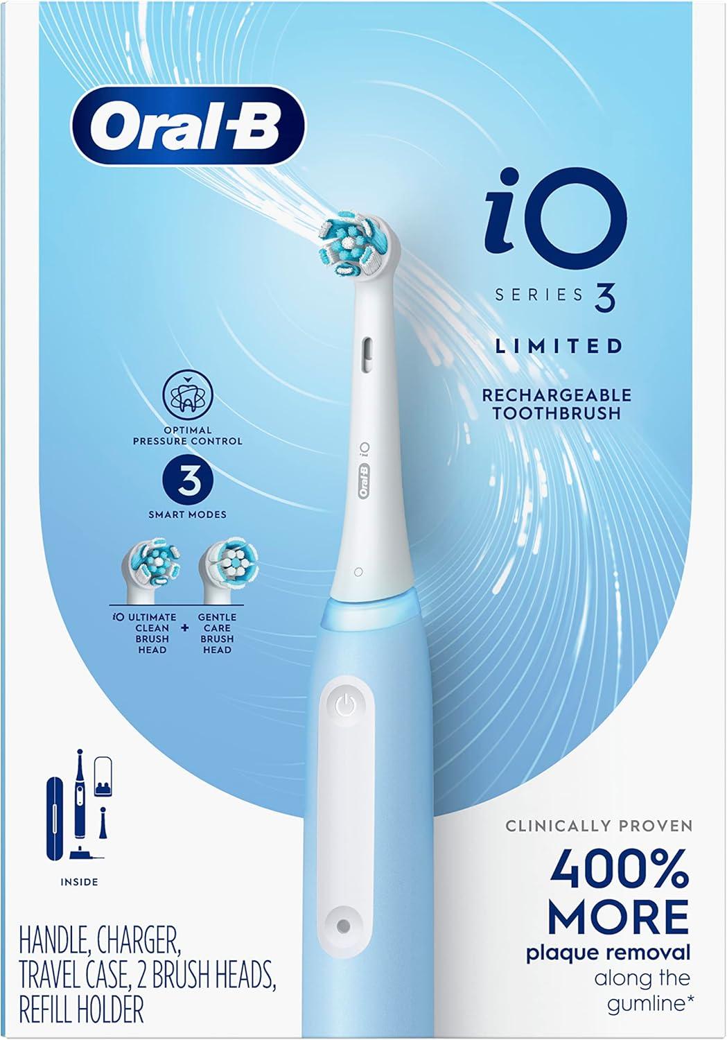 image:imageOralB iO Deep Clean Rechargeable Electric Toothbrush Black iO Series 3 Limited 2 Brush Heads Travel Case Pressure Sensor 3 Cleaning SettingsIcy Blue