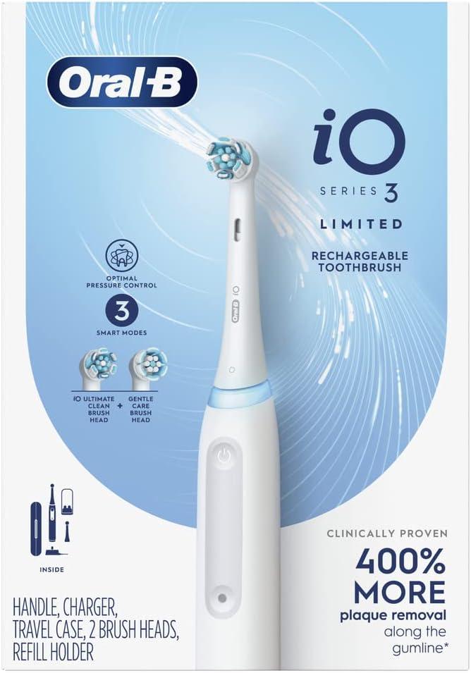 image:imageOralB iO Deep Clean Rechargeable Electric Toothbrush Black iO Series 3 Limited 2 Brush Heads Travel Case Pressure Sensor 3 Cleaning SettingsWhite
