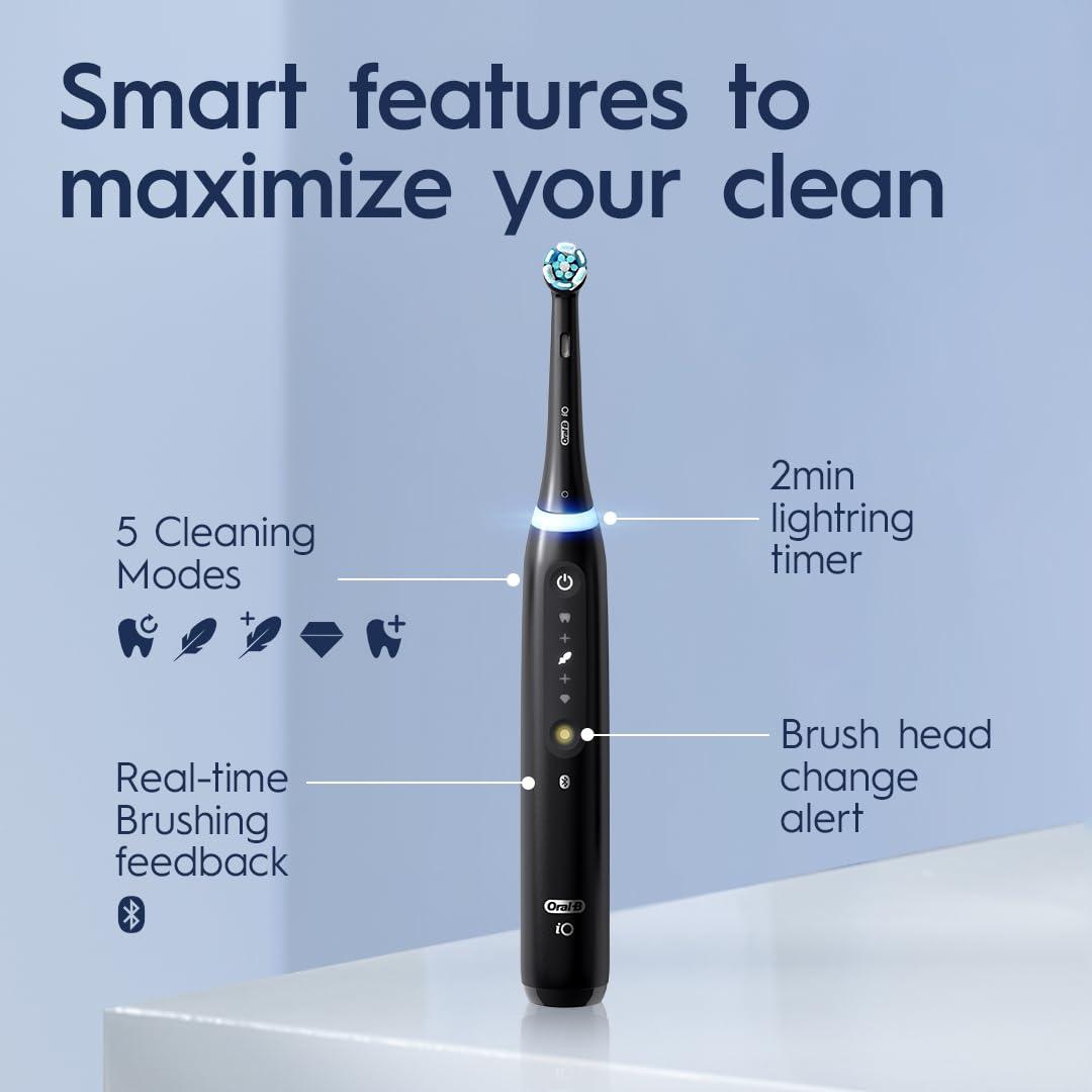 image:imageOralB iO Series 5 Rechargeable Electric Toothbrush with Visible Pressure Sensor to Protect Gums 2 Minute Timer 5 Cleaning Settings 1 Replacement Toothbrush Heads and Travel Case Black
