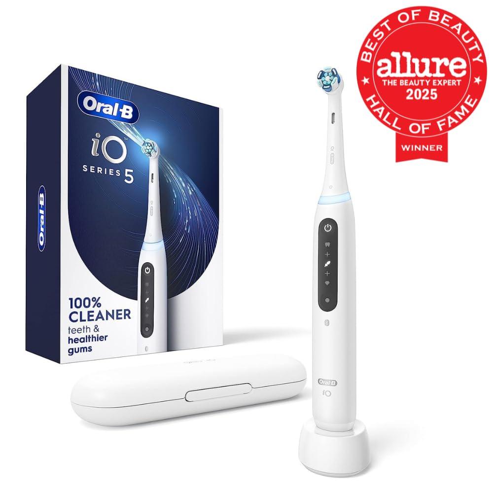 image:imageOralB iO Series 5 Rechargeable Electric Toothbrush with Visible Pressure Sensor to Protect Gums 2 Minute Timer 5 Cleaning Settings 1 Replacement Toothbrush Heads and Travel Case White