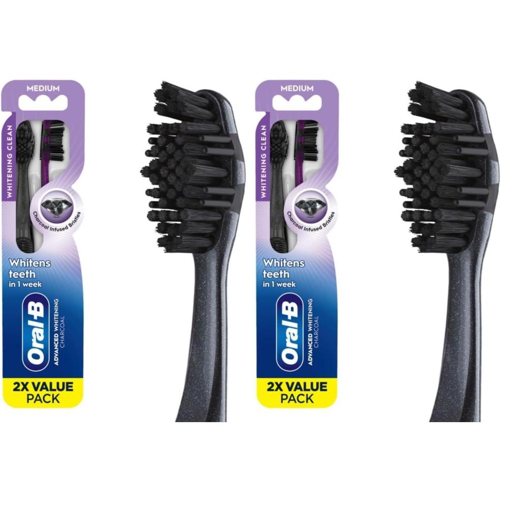 image:imageOralB 3D White Charcoal toothbrush 2 count MEDIUM manual tootbrush pack Whitens teeth removes plaque and stains tongue scraper tooth brush2 Count Pack of 2