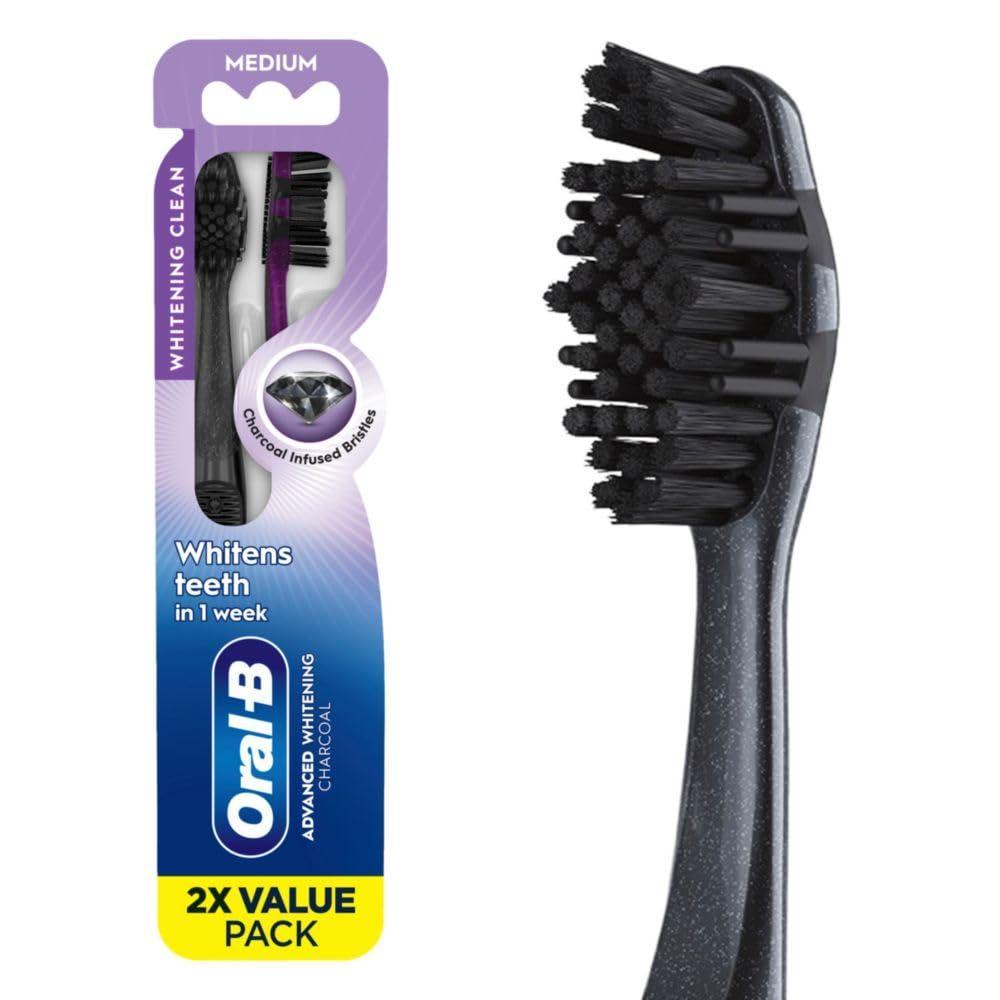 image:imageOralB 3D White Charcoal toothbrush 2 count MEDIUM manual tootbrush pack Whitens teeth removes plaque and stains tongue scraper tooth brush2 Count Pack of 1