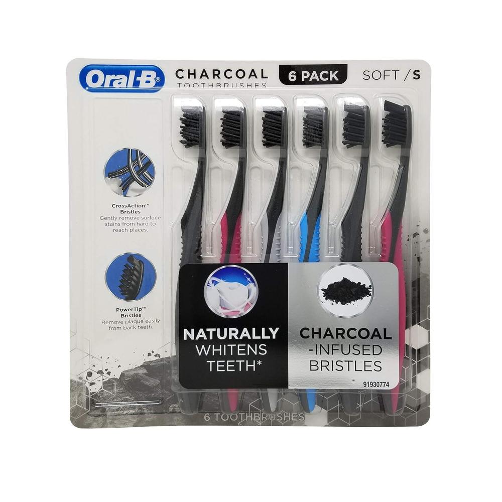 image:imageOralB 3D White Charcoal toothbrush 2 count MEDIUM manual tootbrush pack Whitens teeth removes plaque and stains tongue scraper tooth brush6 Count Pack of 1