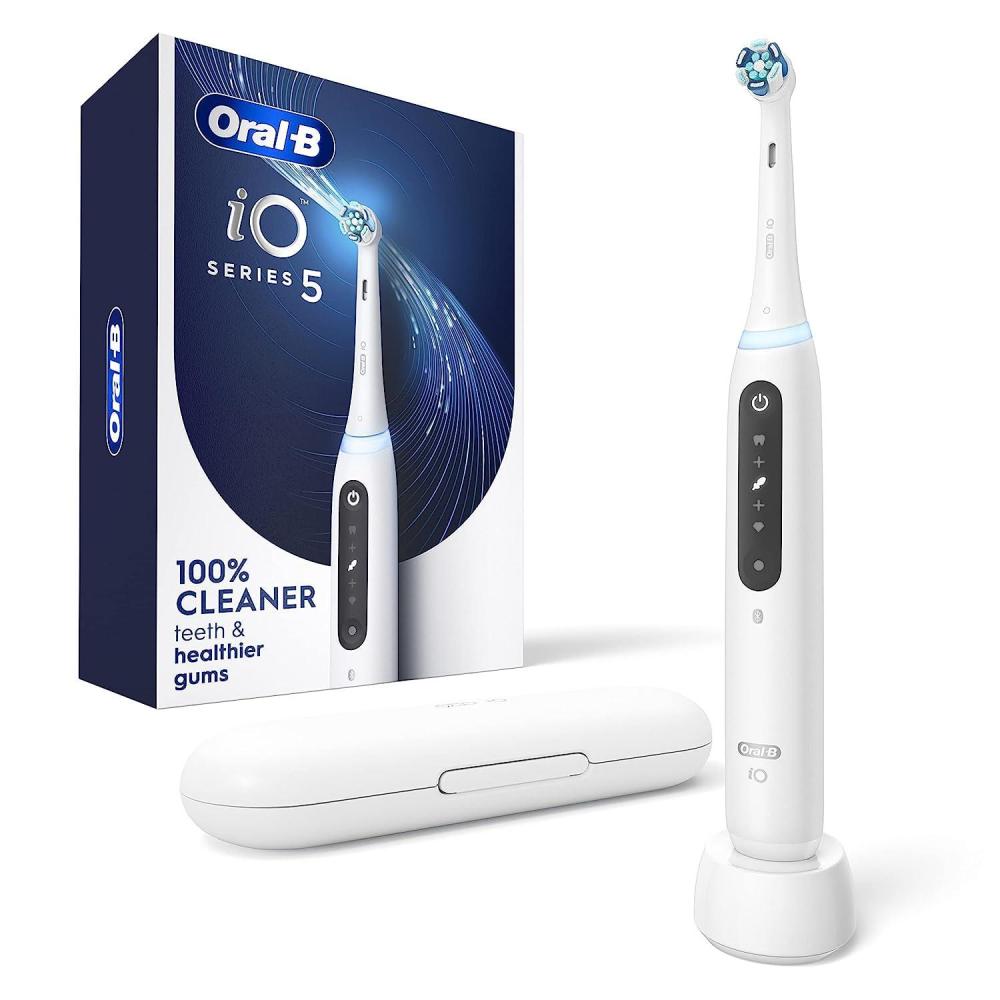 image:imageOralB iO Series 5 Rechargeable Electric Toothbrush with Visible Pressure Sensor to Protect Gums 2 Minute Timer 5 Cleaning Settings 1 Replacement Toothbrush Heads and Travel Case White