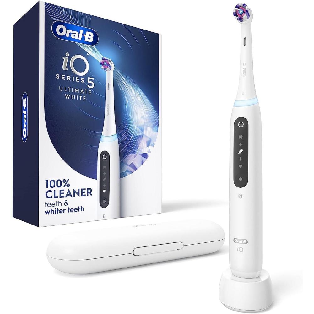 image:imageOralB iO Series 5 Ultimate White Rechargeable Electric Toothbrush with Visible Pressure Sensor 2 Minute Timer 5 Cleaning Settings 1 Replacement Toothbrush Heads and Travel Case WhiteWhite