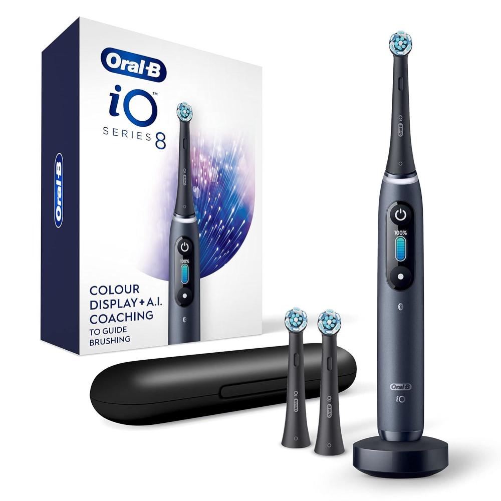 image:imageOralB iO Series 8 Electric Toothbrush with 2 Replacement Brush Heads and Travel Case Rechargeable Toothbrush WhitealabasterBlackonyx