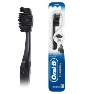 Oral-B 3D White Charcoal toothbrush, 2 count MEDIUM manual tootbrush pack, Whitens teeth, removes plaque and stains, tongue scraper tooth brush(1 Count (Pack of 1))