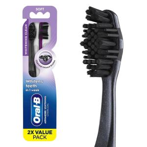 Oral-B 3D White Charcoal toothbrush, 2 count MEDIUM manual tootbrush pack, Whitens teeth, removes plaque and stains, tongue scraper tooth brush(1 Count (Pack of 2))