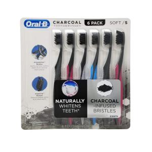 Oral-B 3D White Charcoal toothbrush, 2 count MEDIUM manual tootbrush pack, Whitens teeth, removes plaque and stains, tongue scraper tooth brush(6 Count (Pack of 1))