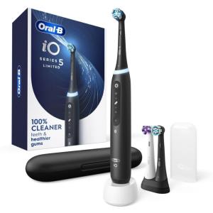 Oral-B iO Deep Clean + Whiten Rechargeable Electric Toothbrush with Visible Pressure Sensor, 2 Minute Timer, 5 Cleaning Settings, 1 iO5 Limited, 3 Toothbrush Heads, Travel Case & Refill Holder, White(Black)