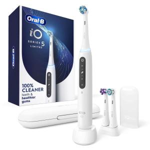 Oral-B iO Deep Clean + Whiten Rechargeable Electric Toothbrush with Visible Pressure Sensor, 2 Minute Timer, 5 Cleaning Settings, 1 iO5 Limited, 3 Toothbrush Heads, Travel Case & Refill Holder, White(White)