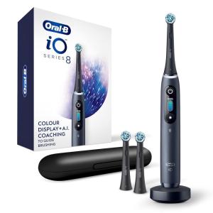 Oral-B iO Series 8 Electric Toothbrush with 2 Replacement Brush Heads and Travel Case, Rechargeable Toothbrush, Whitealabaster(Blackonyx)