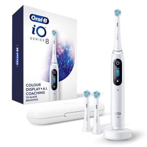 Oral-B iO Series 8 Electric Toothbrush with 2 Replacement Brush Heads and Travel Case, Rechargeable Toothbrush, Whitealabaster(Whitealabaster)