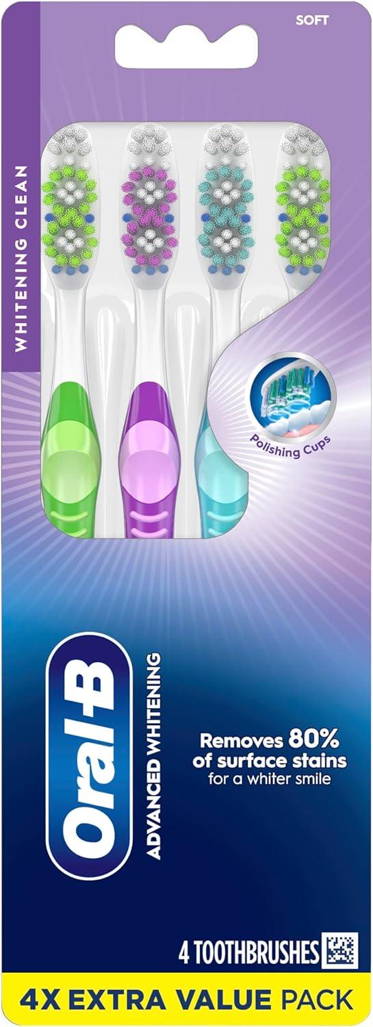 image:imageOralB 3D White Stain Eraser 4 Count Soft Manual tootbrush Pack Removes Stains Whitens Teeth Tongue and Cheek Cleaner4 Count Pack of 1