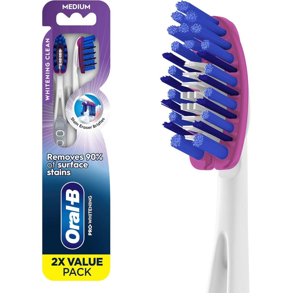 image:imageOralB 3D White Deep Stain Remover toothbrushes 2 count toothbrush MEDIUM Removes 90 of surface stains whitens teeth deep reach removes plaque and stains tooth brushWhite
