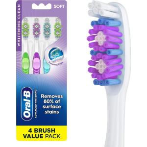 Oral-B 3D White Stain Eraser, 4 Count Soft Manual tootbrush Pack, Removes Stains, Whitens Teeth, Tongue and Cheek Cleaner(1 Count (Pack of 24))