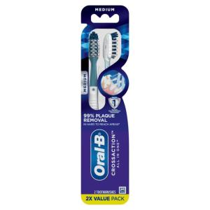 Oral-B Pro Health CrossAction Plaque Removal toothbrushes, 2 Count Toothbrush Medium, Deep Reach in Tight Spaces, Tongue Scraper Tooth Brush, Plaque Fighter, Gentle on Teeth, Gum stimulators(Medium)