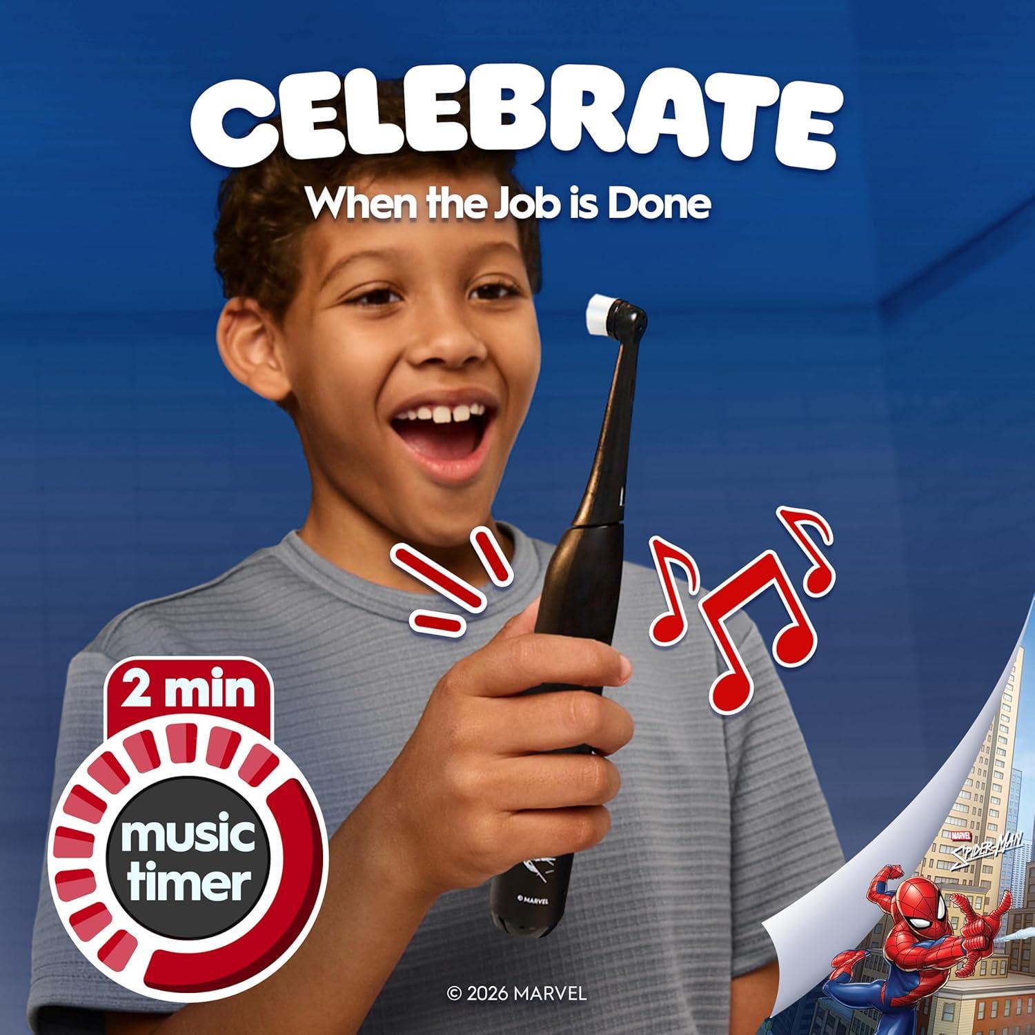 image:imageOralB iO Kids Limited Rechargeable Electric Powered Toothbrush Spiderman with 1 Gentle Care Brush Head Automatic Pressure Sensor to Protect Gums 3 Cleaning Settings 2 Min Music Timer