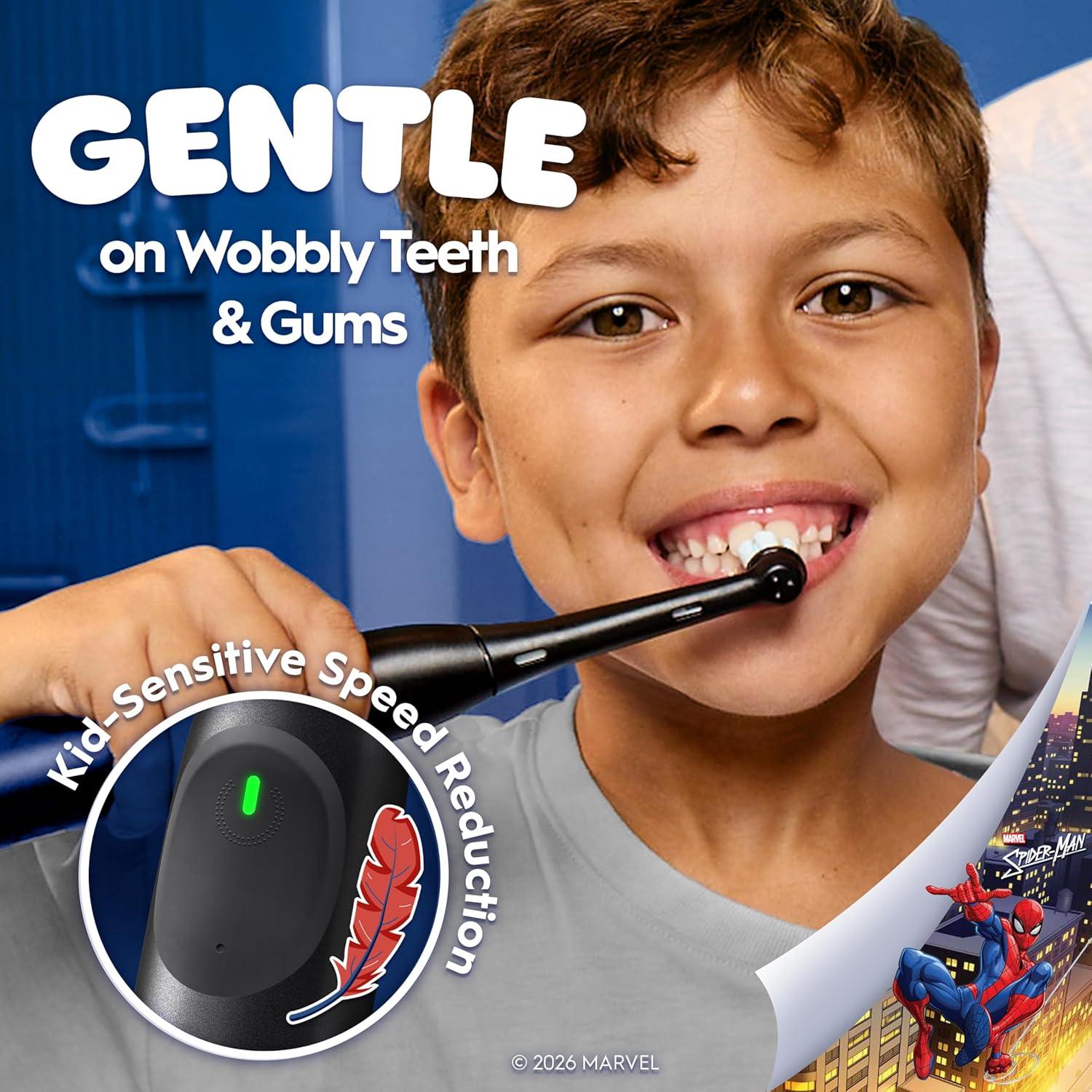 image:imageOralB iO Kids Limited Rechargeable Electric Powered Toothbrush Spiderman with 1 Gentle Care Brush Head Automatic Pressure Sensor to Protect Gums 3 Cleaning Settings 2 Min Music Timer