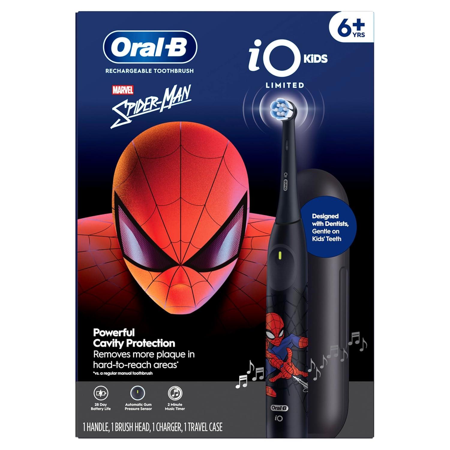 image:imageOralB iO Kids Limited Rechargeable Electric Powered Toothbrush Spiderman with 1 Gentle Care Brush Head Automatic Pressure Sensor to Protect Gums 3 Cleaning Settings 2 Min Music Timer