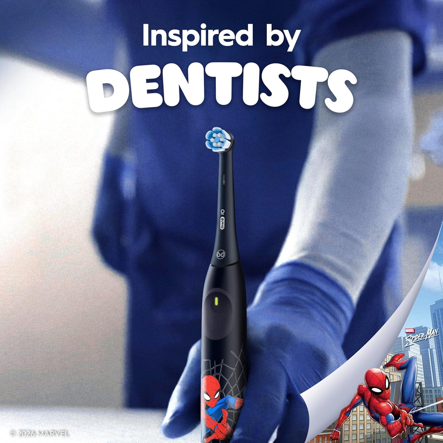 image:imageOralB iO Kids Limited Rechargeable Electric Powered Toothbrush Spiderman with 1 Gentle Care Brush Head Automatic Pressure Sensor to Protect Gums 3 Cleaning Settings 2 Min Music Timer