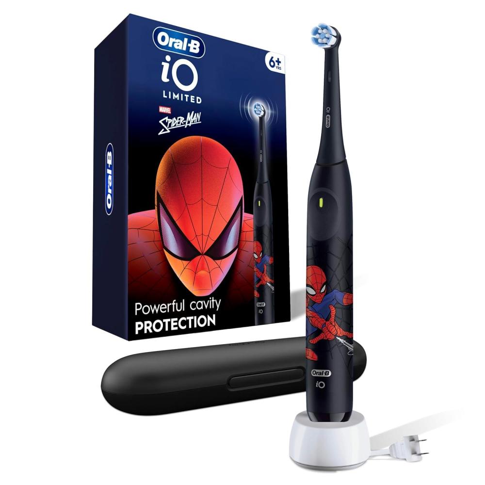 image:imageOralB iO Kids Limited Rechargeable Electric Powered Toothbrush Spiderman with 1 Gentle Care Brush Head Automatic Pressure Sensor to Protect Gums 3 Cleaning Settings 2 Min Music Timer