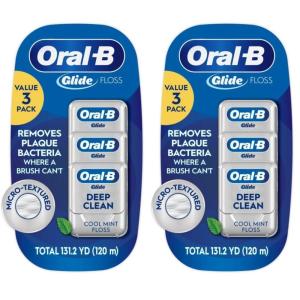 Oral-B Glide Dental Floss, Shred Resistant, Gentle on Gums, Natural Wax, Slides Smoothly, Deep Clean Cool Mint Flavor, 40 M, 3 Count(131.23 Foot (Pack of 6))