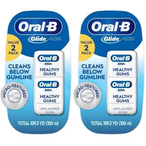 Oral-B Glide Healthy Gums Unflavored Dental Floss, Smooth, Strong, Shred Resistant, Value 2 Pack (50m Each)(164.04 Foot (Pack of 4))