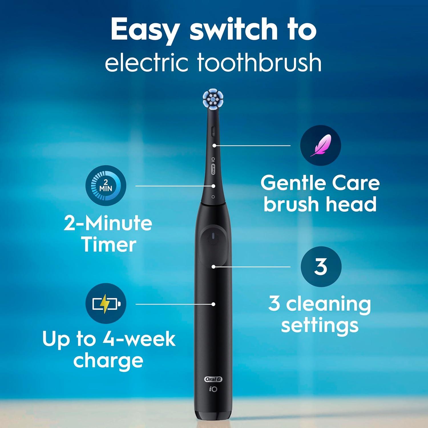 image:imageOralB iO Simple Clean Rechargeable Electric Powered Toothbrush Night Black with 1 Gentle Care Brush Head and 1 Black Travel Case Automatic Pressure Sensor to Protect Gums 3 Modes 2 Min TimerNight Black